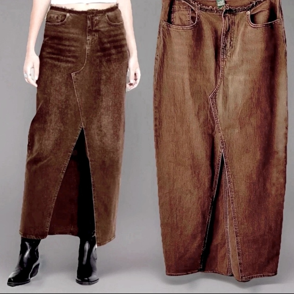 Wild Fable NWOT Low-Rise Pencil Cut Raw Hem Brown Slit Retro Midi Skirt, 4/R
